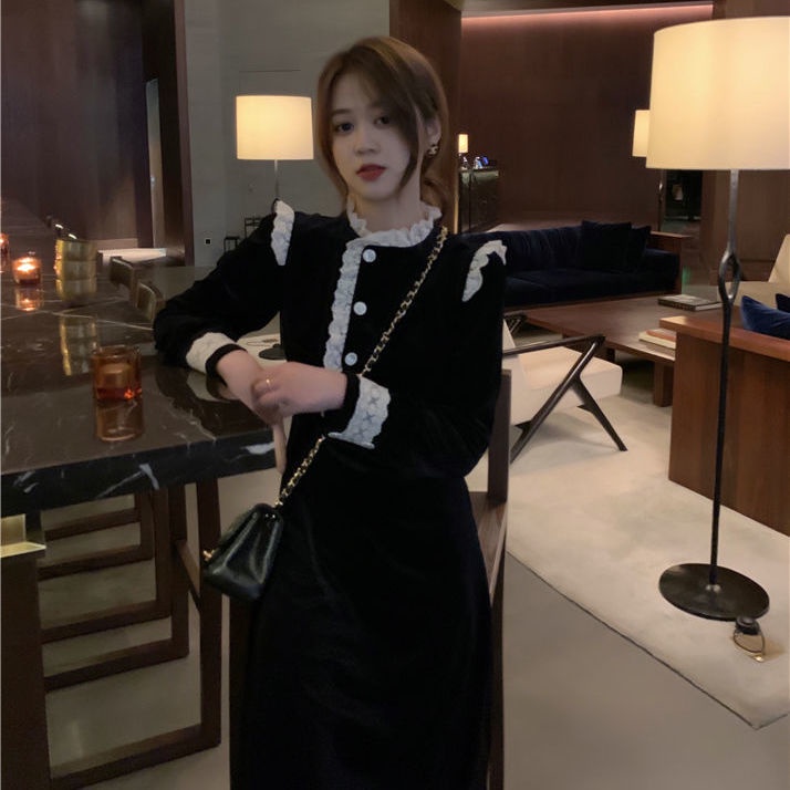 Đầm nhung đen dáng ôm thời trang thu đông phong cách Pháp cho nữ