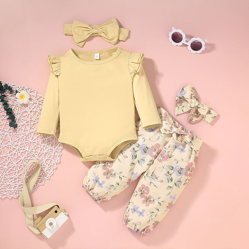 Băng đô quà tặng-Bộ Đồ Quần Áo Bé Gái Body Tay Dài Bodysuit Liền Thân Và Hoa Quần Dài Set Thời Trang Cho Bé Trẻ em Sơ Sinh 0-24 Tháng