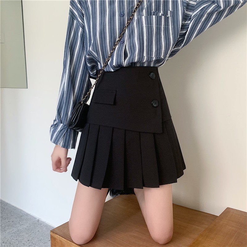 Đen Chân Váy Chữ A Lưng Cao Xếp Ly Lệch Tà Cá Tính Cho Nữ | BigBuy360 - bigbuy360.vn