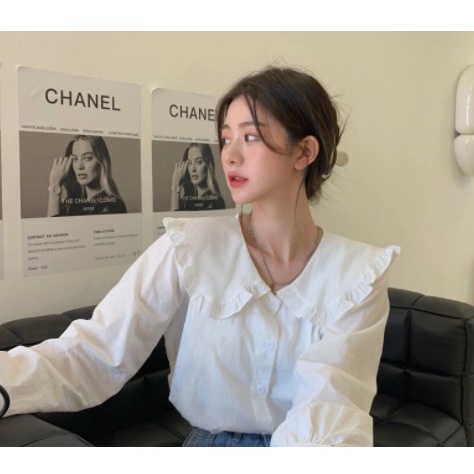 Áo sơ mi nữ trắng dài tay cổ bèo thời trang công sở thời trang thanh lịch phong cách Hàn Quốc