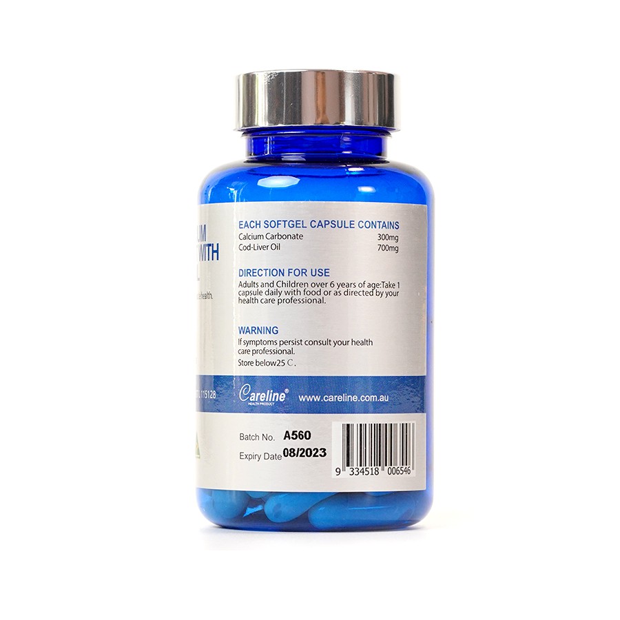 Viên uống canxi bổ sung dầu gan cá Careline Super Calcium Supplement bổ sung Omega-3 cho cơ thể - Hộp 60 viên