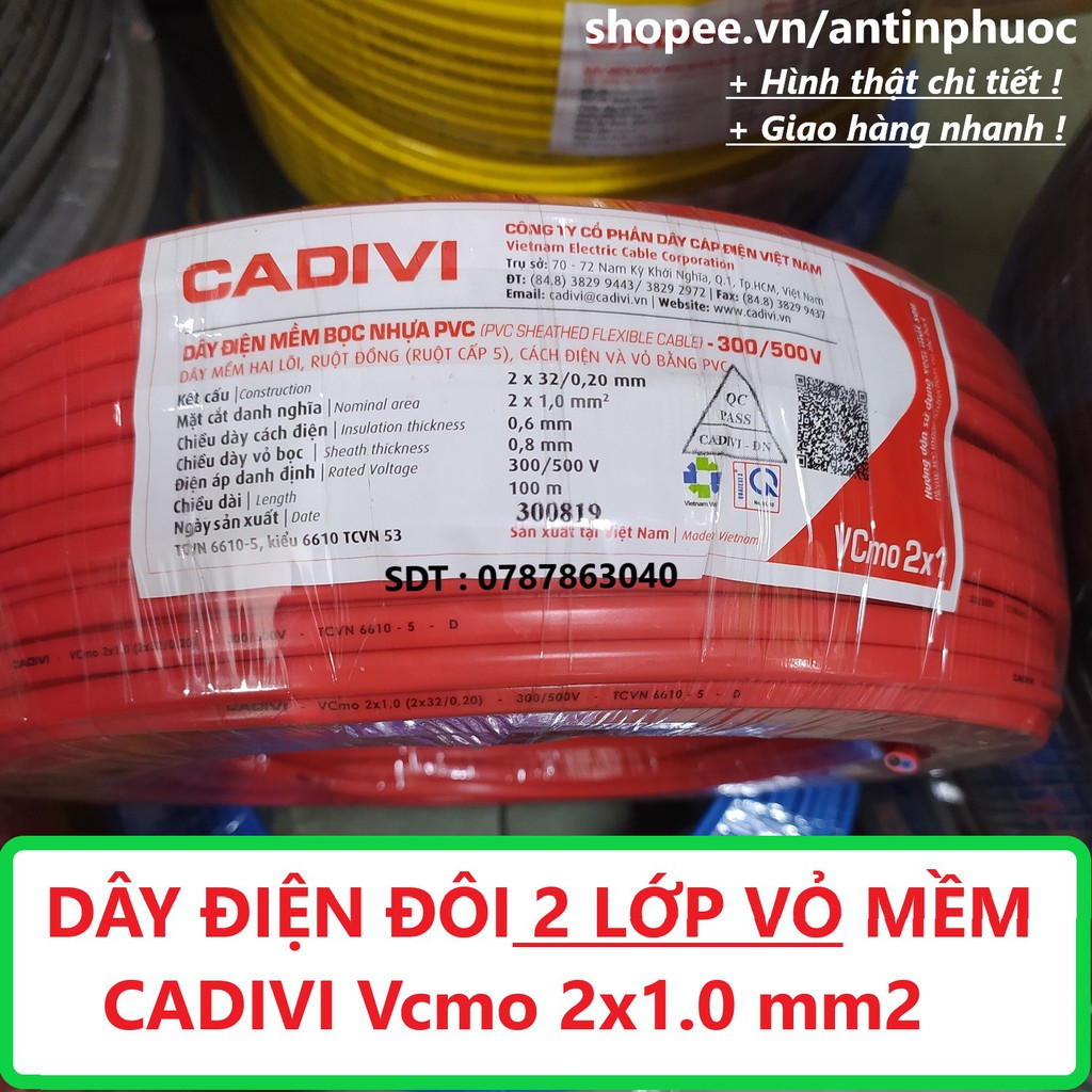 Dây điện đôi 2 lớp vỏ 2x1.0 mm Cadivi  cuộn 100 mét - dây điện mềm dẹp 2 lớp vỏ an toàn Cadivi Vcmo 2 x 1.0 mm2