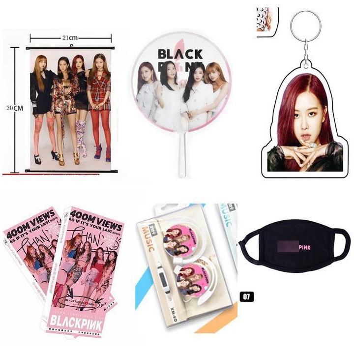 (M5) Bộ 6 món Combo Blackpink Lisa Jisoo Jennie Rose Dán điện thoại Móc khóa Postcard Quạt LED Máy nghe nhạc mp3 in hình