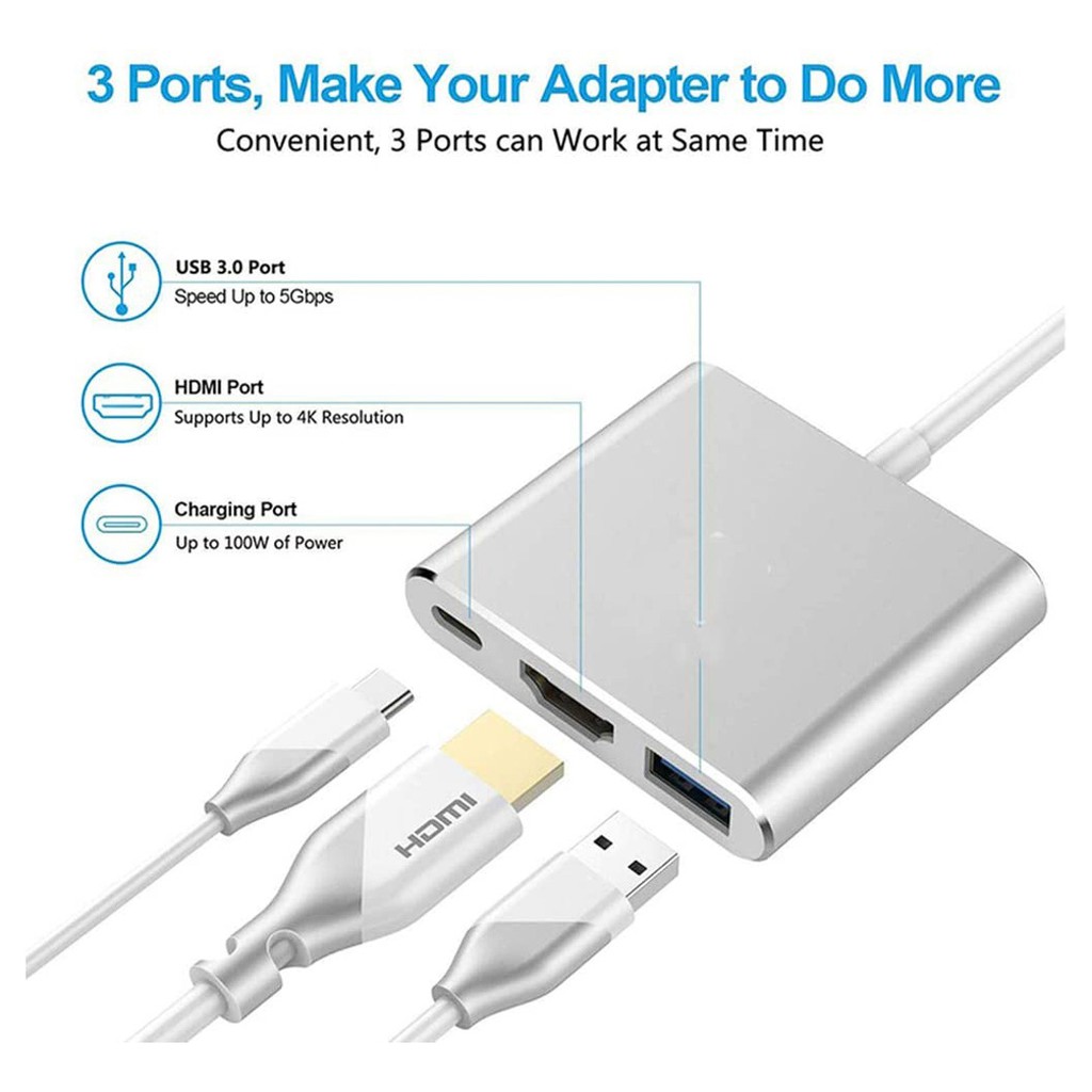 Đầu adapter cáp chuyển đổi đầu USB Type C sang HDMI Chất lượng 4K USB và TypeC 3 trong 1 cho Macbook iPad Chammart