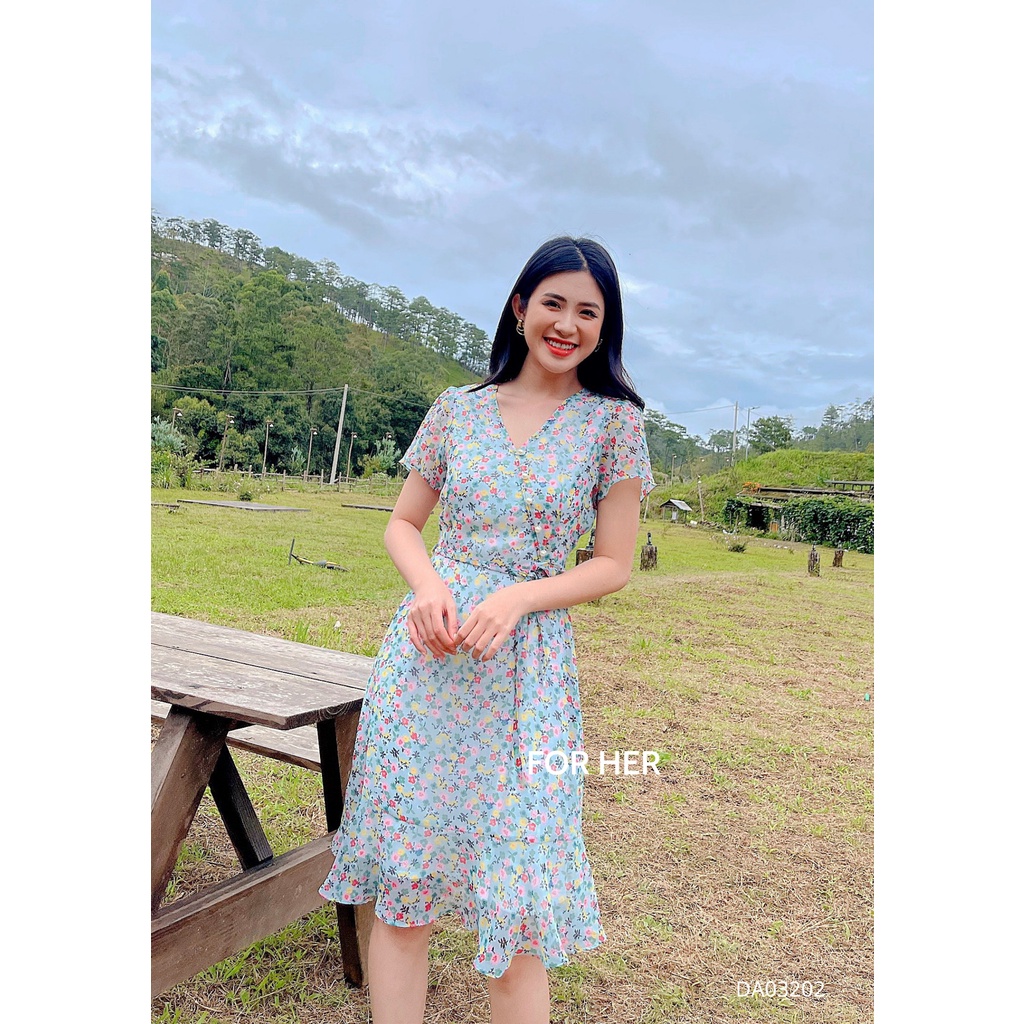 Đầm cổ tim nơ eo hoa DA0320