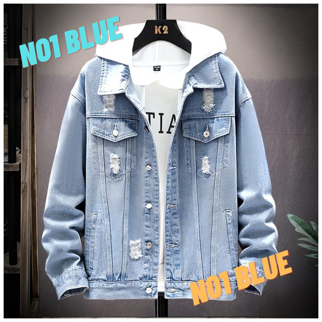 Áo khoác Jeans nam rách cool ngầu cực chất - No1 Blue - Áo bò rách phong cách Hàn Quốc có túi cá tính hot nhất hiện nay