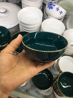 Bát cơm xanh cổ vịt vẽ vàng Bát Tràng