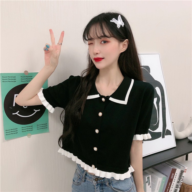 Áo kiểu dáng croptop phối cúc chun eo nữ tính, Áo cardigan len tăm mỏng nhẹ phong cách Ulzzang C23 - Lana