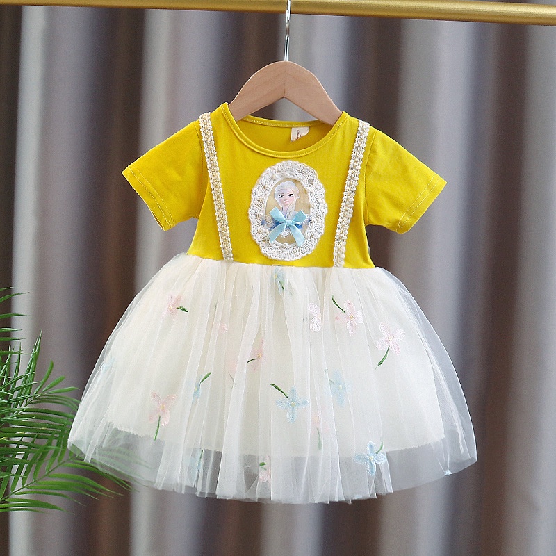 Đầm Ngắn Tay Giả Hai Lớp In Hình Thỏ Dễ Thương Dành Cho Bé Gái