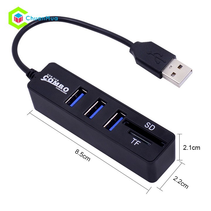 Bộ chia 3 cổng USB 2.0 tích hợp đầu đọc thẻ nhớ 2 trong 1 chuyên dụng cho Laptop/PC