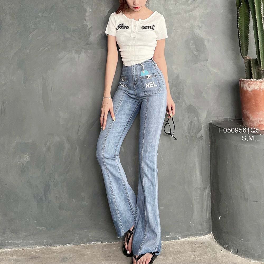 Quần jean dài ống loe đắp túi trước chữ lưng cao tôn dáng!