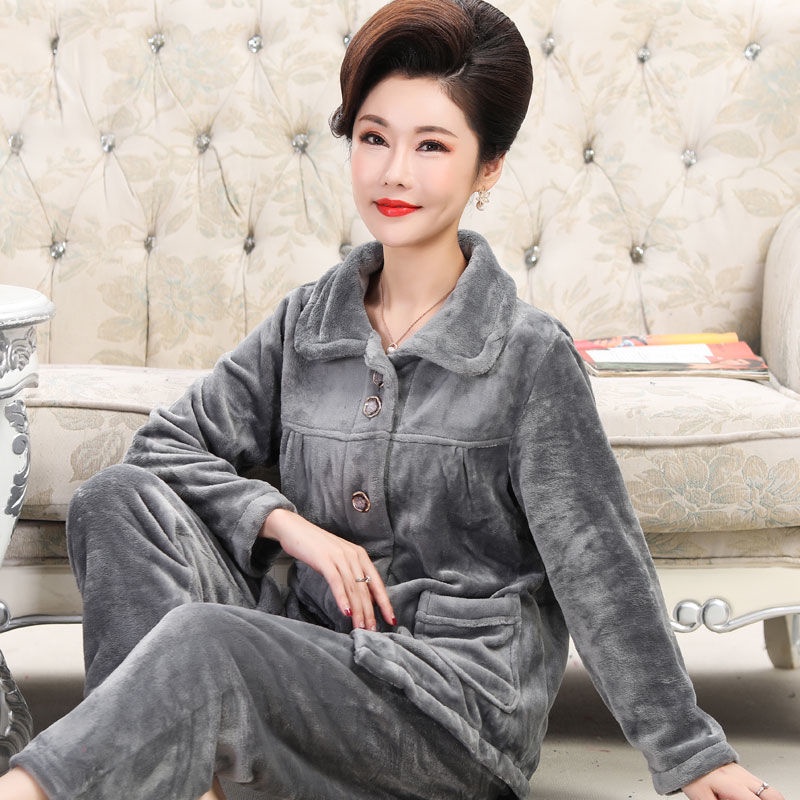 Bộ đồ ngủ mặc nhà bằng lông cừu dày và dày của người trung niên và người cao tuổi