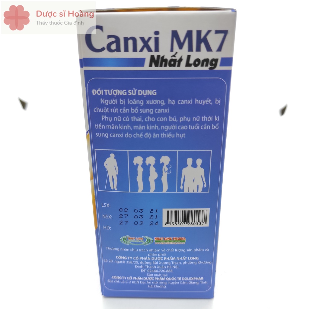 Bổ Sung Calcium - Canxi MK7 Nhất Long - Hỗ Trợ Giảm Các Biểu Hiện Thiếu Canxi Lọ 30 viên