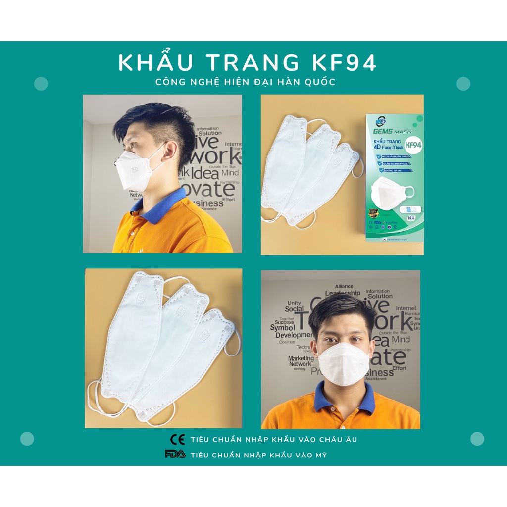 Khẩu trang y tế cao cấp KF94 4D Gems Mask Hàn Quốc theo tiêu chuẩn Châu Âu, 4 lớp kháng khuẩn lọc bụi | Hộp 10 cái