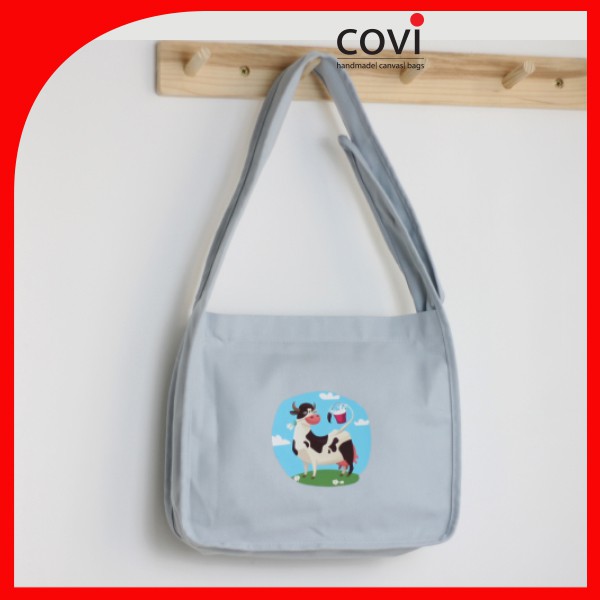 Túi Tote Đeo Chéo, Đeo Vai, Vải Canvas, Vải Bố Quai Liền Phối 3 hạt nút Thương Hiệu COVI Màu hồng, đen, xanh