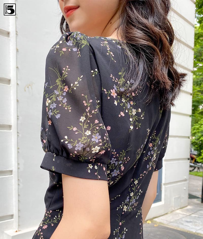 Đầm cổ v nẹp sơ mi giả tay bồng bo tay khóa lưng 2 lớp Twentyfive N265