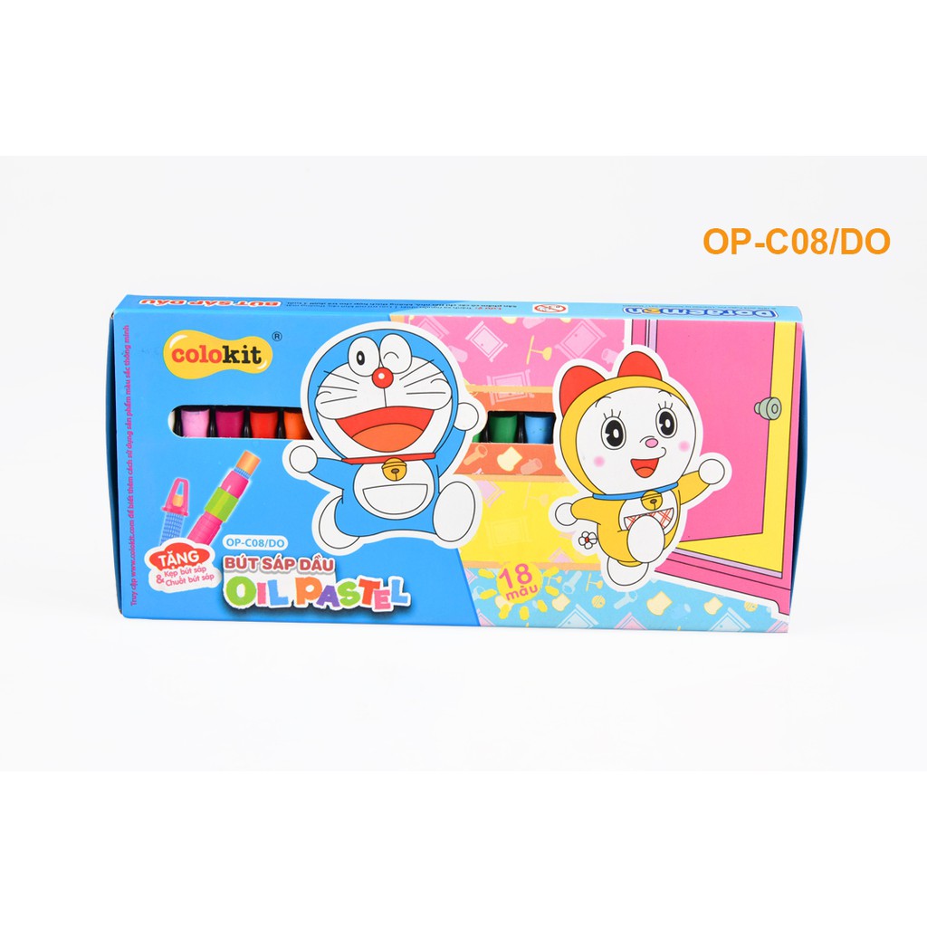 BÚT SÁP DẦU COLOKIT NHÂN VẬT HOẠT HÌNH DORAEMON (HỘP  18 MÀU, TẶNG KÈM CHUỐT SÁP)