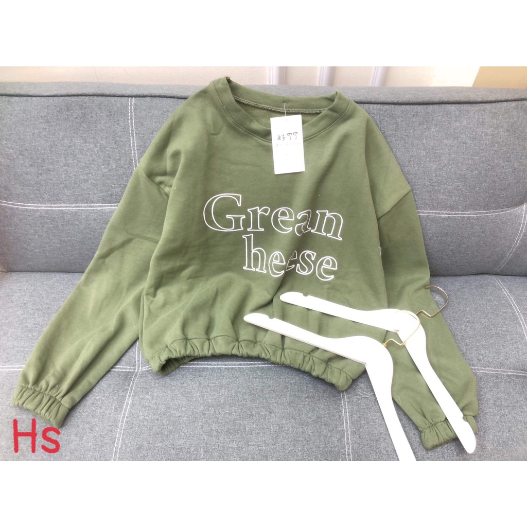 Áo croptop nỉ dài tay dáng thụng grean màu xanh in chữ cá tính, có ảnh và video thật, size s-xl
