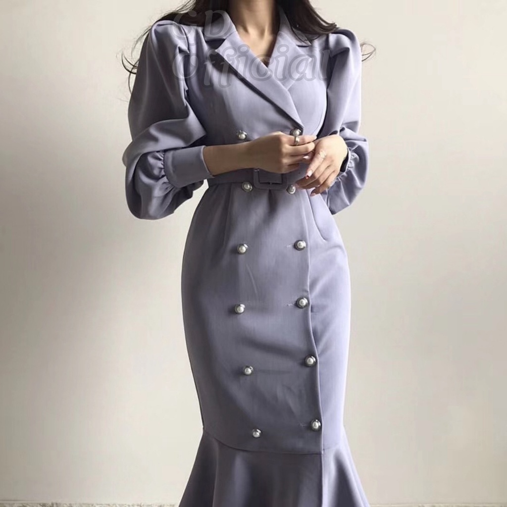 D34|Đầm nữ công sở cổ vest chữ V tay phồng kèm thắt lưng buộc eo dài dáng đuôi cá cổ điển màu xanh, tím, đen GD Official