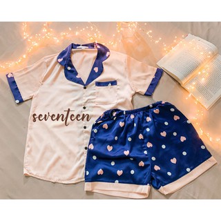 Set bộ đồ ngủ pijama cộc đùi lụa satin tim navy mát lạnh