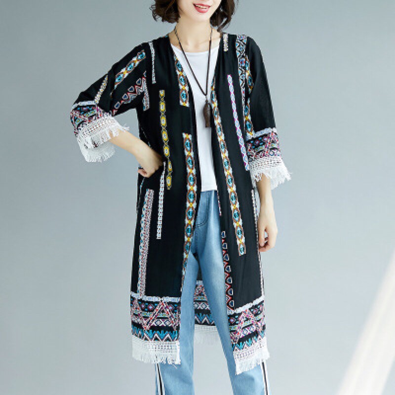 Áo Khoác Cardigan Vải Lanh Mềm Mịn Dáng Dài Hoạ Tiết Hình Học Phong Cách Bohemian - Lucky Girl shop