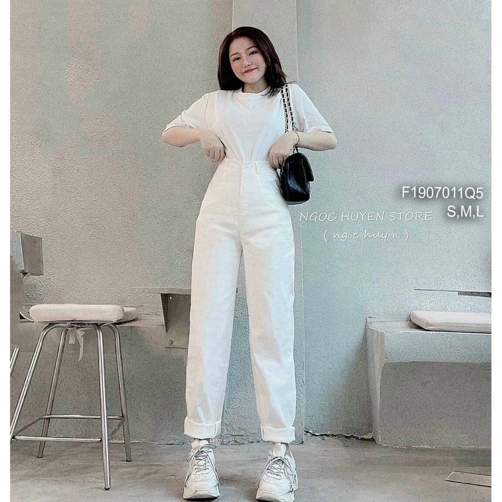 Quần Baggy Jean Trắng Nữ Basic, Quần Bò Baggy Nữ Trắng Trơn Dễ Mặc Dễ Phối 435