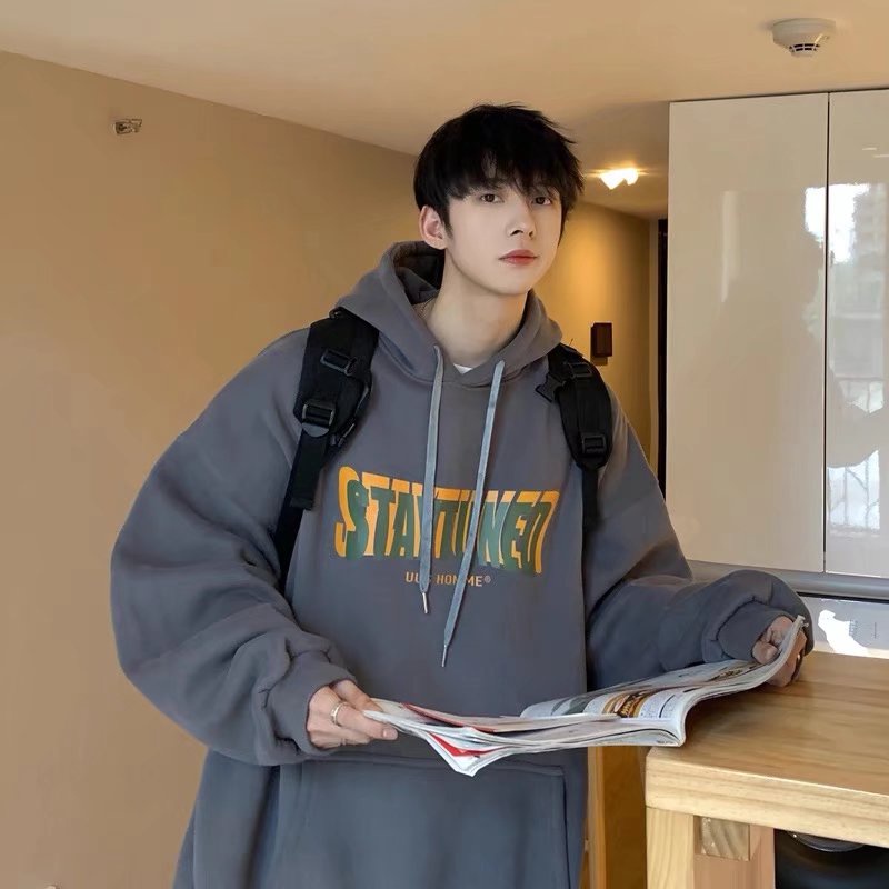 Bốn màu Áo hoodie dáng rộng in chữ phong cách Hàn Quốc nam tính big size simple áo hoodie nữ form rộng dày
