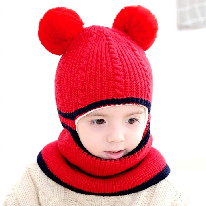 Mũ len trùm đầu tai gấu dễ thương liền khăn cổ giữ ấm chồng gió lạnh mùa đông cho bé