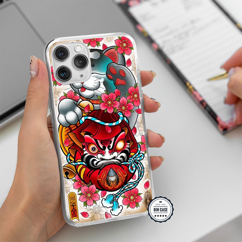 ❤ Ốp hình xăm Mèo búp bê Daruma Doll ❤Ốp nghệ thuật hoa lá iphone 6/6s/7/8 plus/x/xr/xs max/11 pro max/12 promax MEO0049