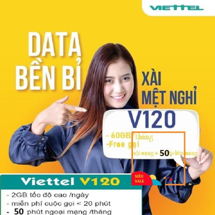 [Free 30 Ngày] Sim 4G Viettel gói V90 mới{V120Z} 120GB/tháng, free gọi nội mạng, 90k/tháng