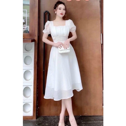 VÁY TRẮNG CỔ VUÔNG DỰ TIỆC- VÁY TIỂU THƯ SANG TRỌNG