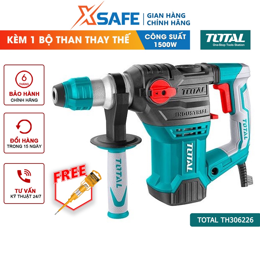 Máy khoan búa cầm tay TOTAL TH1153216 1500W tốc độ 850rpm, tốc độ búa 4400bpm, lực đập 5.5j, kèm bộ than thay thế -xsafe
