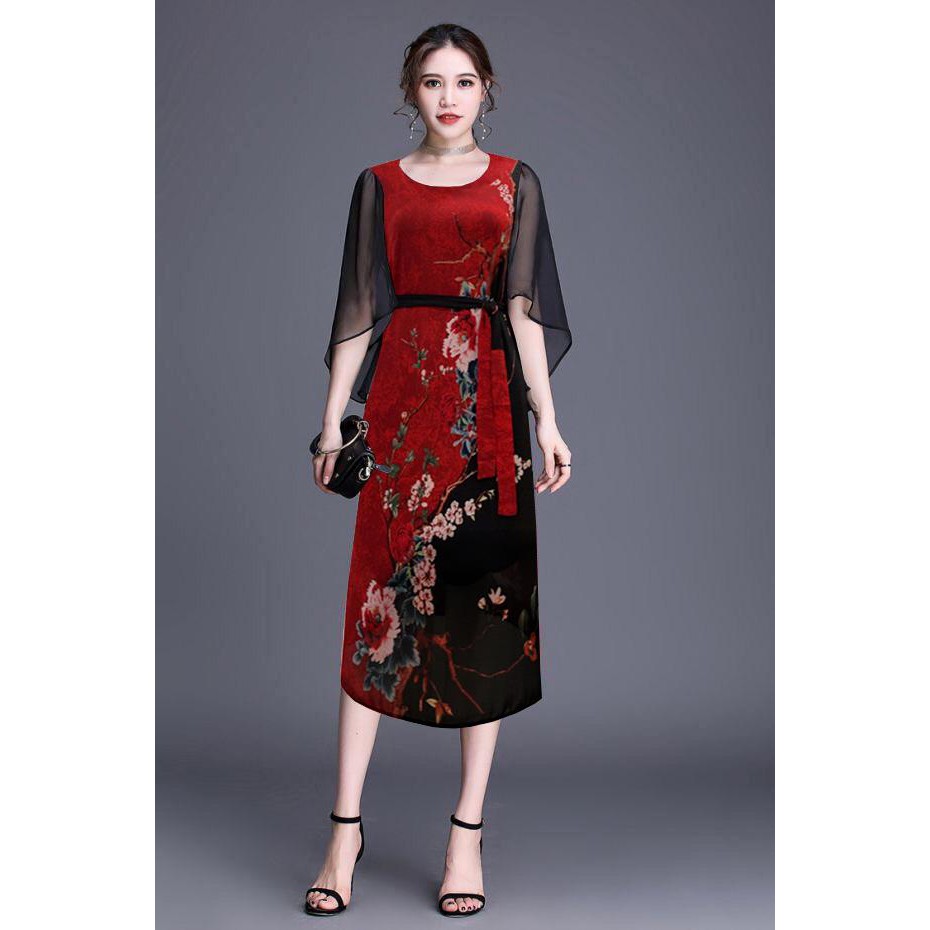 BIGSIZE - ĐẦM SUÔNG TUỔI TRUNG NIÊN NHIỀU SIZE KIỂU ĐẦM SUÔNG TAY CÁNH TIÊN IN HOA MẪU ĐƠN D3285