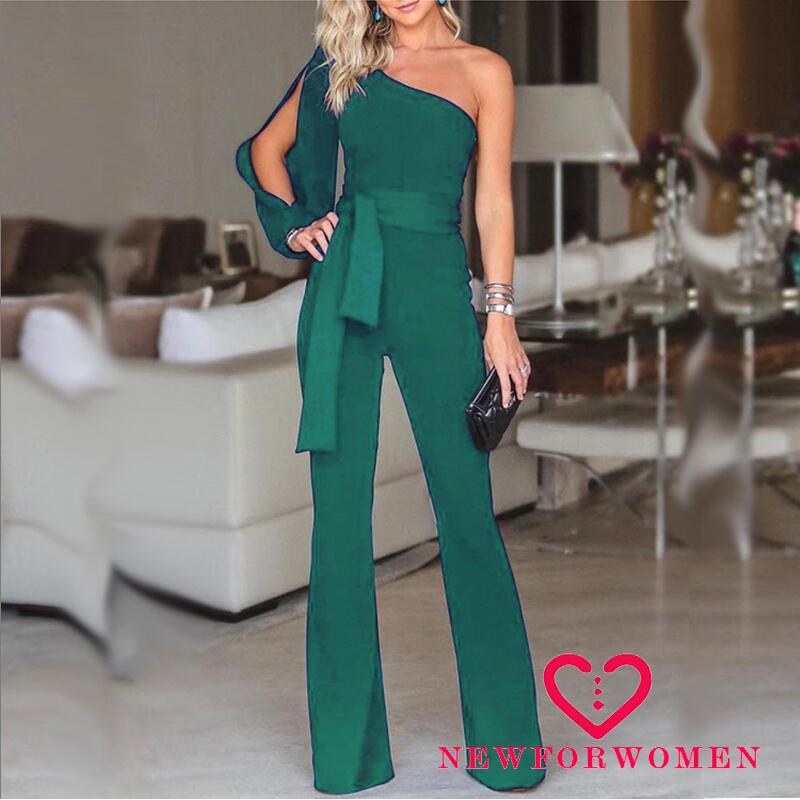 NFW♥Women One-Shoulder High Waist Lace Up Slim Loose Long Trousers Jumpsuit Playsuit Set
