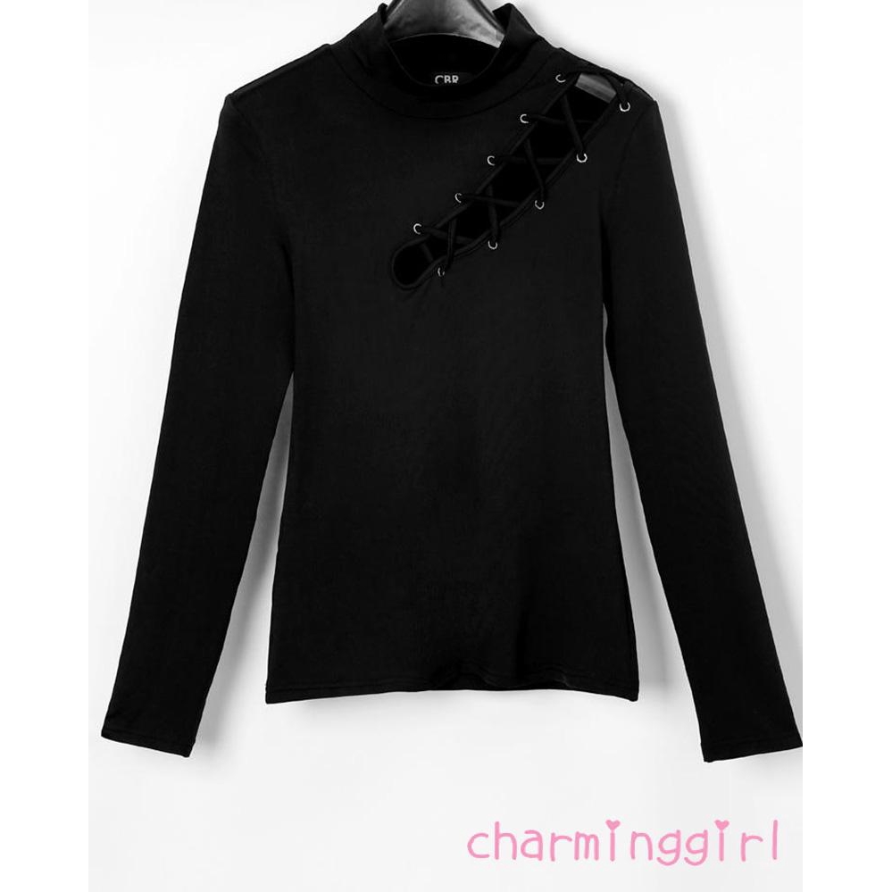 Áo thun tay dài đan dây trước ngực quyến rũ cho nữ