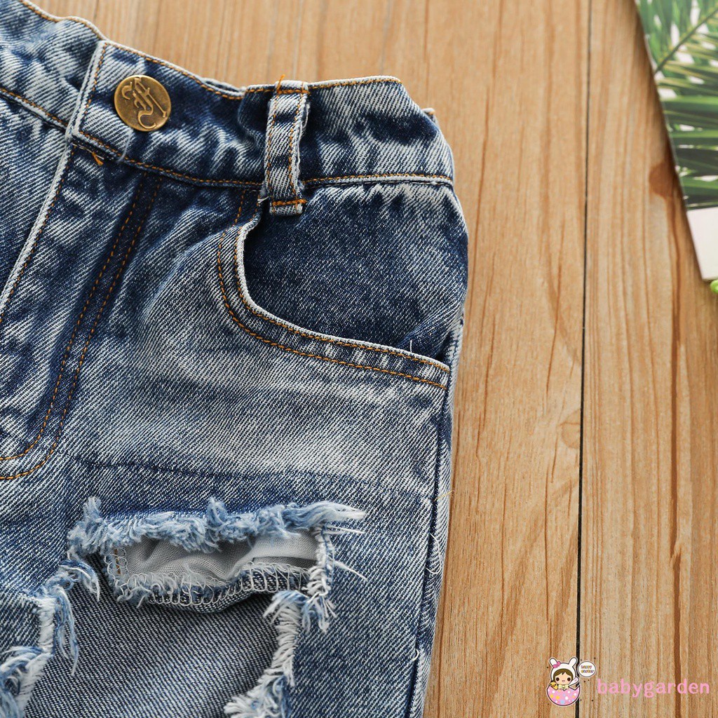 Bộ Áo Croptop Hai Dây Màu Trơn + Quần Jean Rách Dành Cho Bé Gái 18 Tháng Đến 6 Tuổi