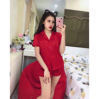 Xả kho đồ bộ pijama phi lụa bèo đùi đỏ đô siêu hot hit - (HÌNH THẬT) Đồ bộ ngủ pijama phi lụa màu đỏ đô(còn nhiều màu)
