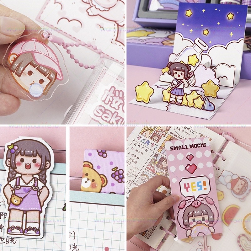 Set hộp quà tặng có sổ tay và cuộn băng keo washi dễ thương + sticker + móc khoá + bookmark