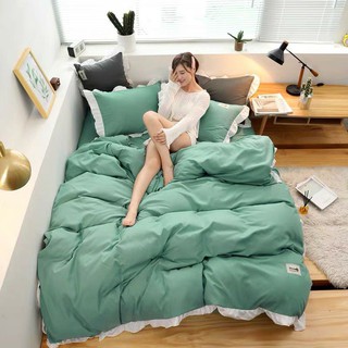 Bộ chăn ga gối cotton tici phối viền bèo xinh xắn, chất cotton thoáng mát không phai màu, không xù, miễn phí bo chun