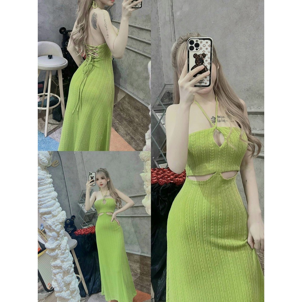 Đầm body khoét eo cúp ngực đan dây lưng  chất thun gân xinh ngất ngây