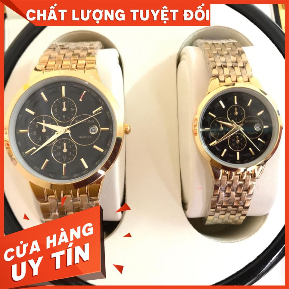 Đồng hồ nam nữ BAISHUNS dây kim loại H880 mặt đen khung mạ vàng sang trọng - TẶNG vòng phong thủy may mắn