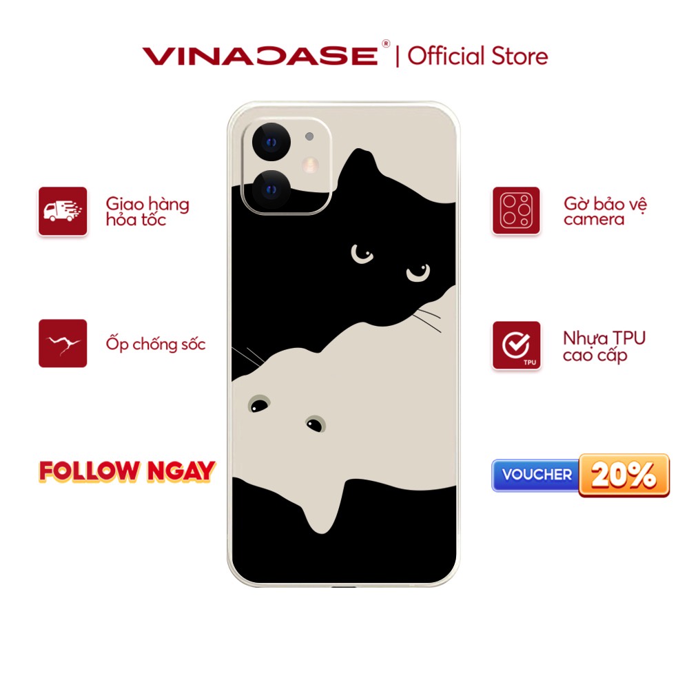 Ốp lưng Vina Case Iphone 6S/6 Plus/7G/8G/X/Xs/11/12/....dẻo cạnh vuông bảo vệ camera hình Mèo trắng đen