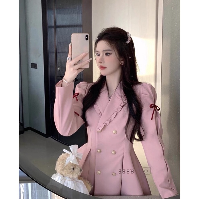 Đầm vest hồng baby mix nơ cực xinh