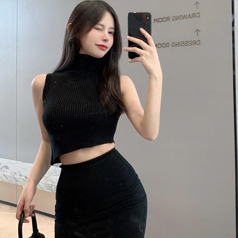 Áo Croptop Dệt Kim Không Tay Màu Sắc Đơn Giản Phong Cách Hàn Quốc Cho Nữ