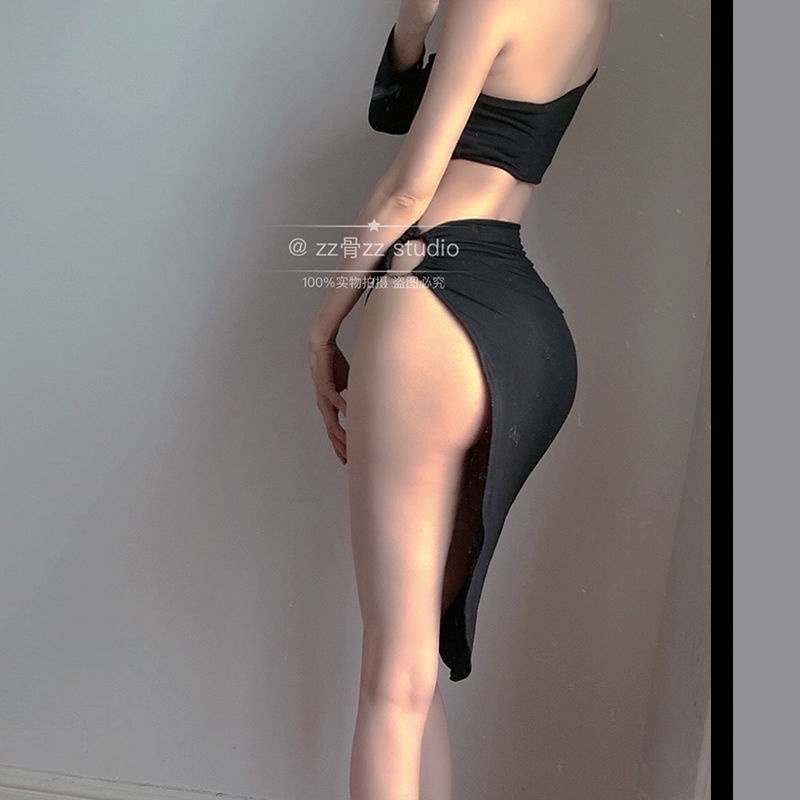 Summer new sexy waist hollow low-cut split beach resort nightclub strapless dress kvfH