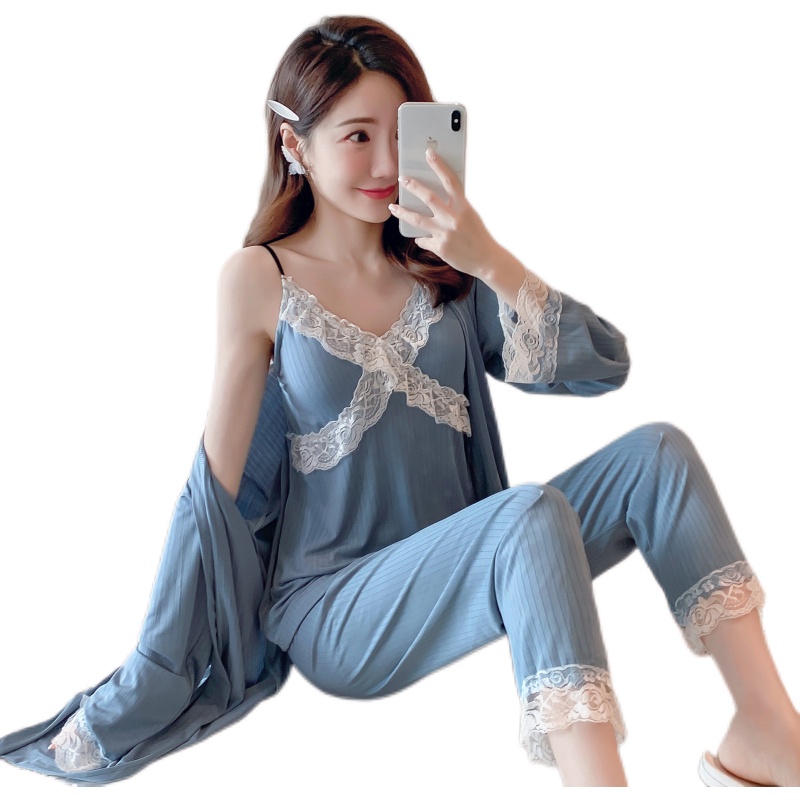 Bộ Đồ Ngủ Ba Mảnh Gồm Áo Khoác Cotton Màu Trơn Có Đệm Ngực Và Dây Đeo Ngực Thời Trang Xuân Thu Năm 2021 Dành Cho Nữ | BigBuy360 - bigbuy360.vn