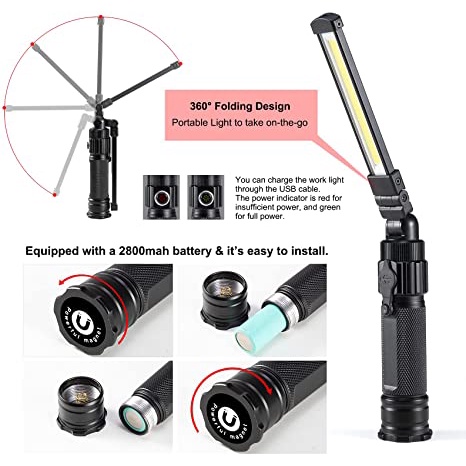 Đèn Pin Làm Việc Có Thể Gấp Gọn 1200 mAh Có Đế Nam Châm Xoay 360° Đèn Pin LED 5 Chế Độ Sáng Tiện Dụng Sửa Chữa Nhà Cửa/ Xe Hơi
