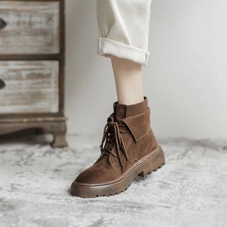 Boots Nhung Cao Cổ Da Lộn Màu Nâu Retro Nữ Năm 2021