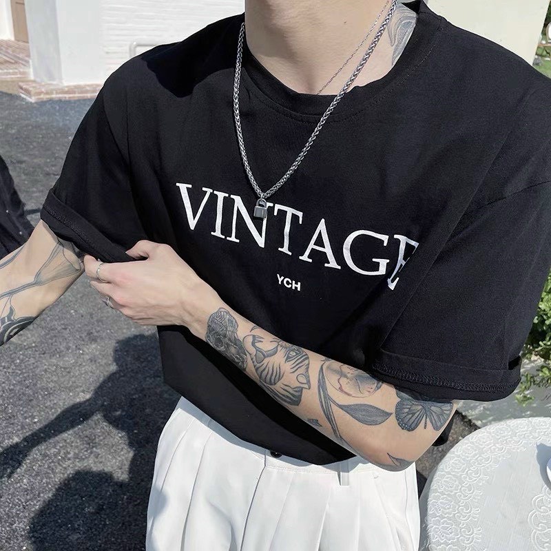 Áo Phông Nam Unisex thun cotton mềm mát in chữ VINTAGE Hai màu đen trắng