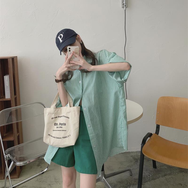 №Áo sơ mi tay ngắn họa tiết kẻ sọc phong cách Hàn Quốc thời trang mùa hè cho nữ 2021